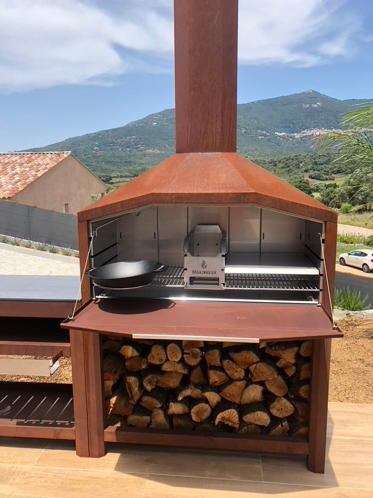 Barbecue à bois prêt à poser - Braaimaster FS Duo Acier Corten sur socle