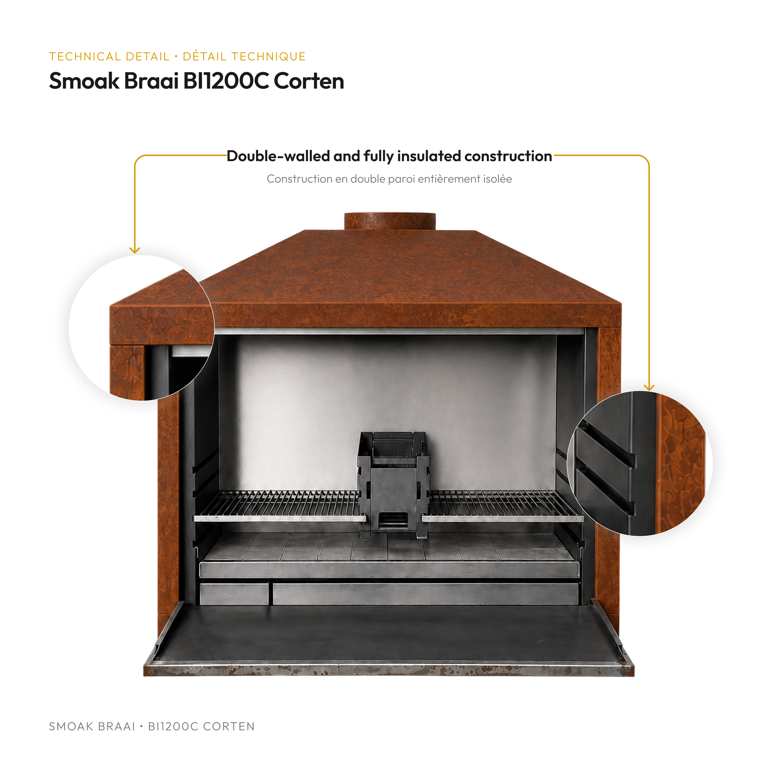 Smoak Braai BI1200C encastrable en acier Corten - detail technique