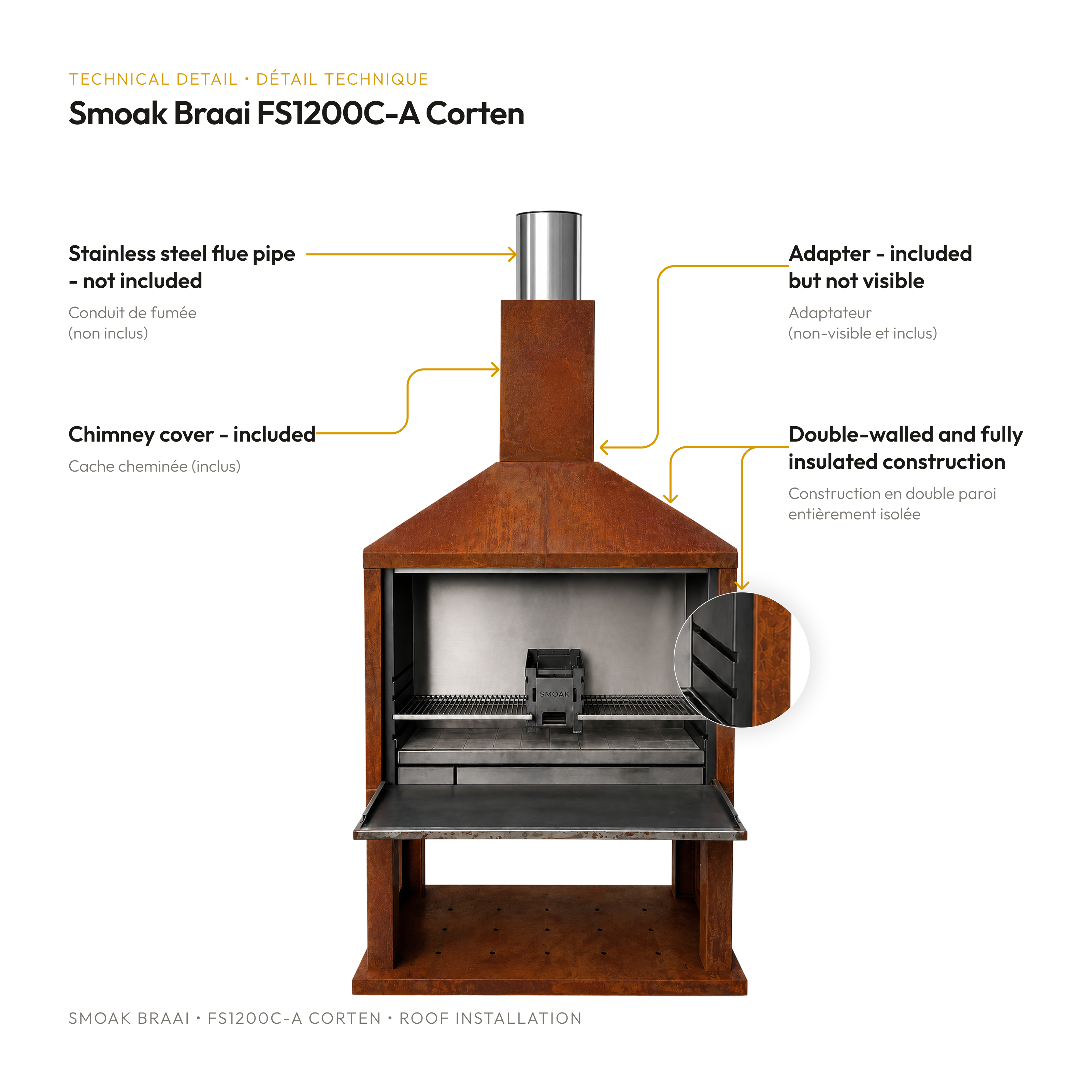 Smoak Braai FS1200C Corten avec adaptateur de toit - detail technique