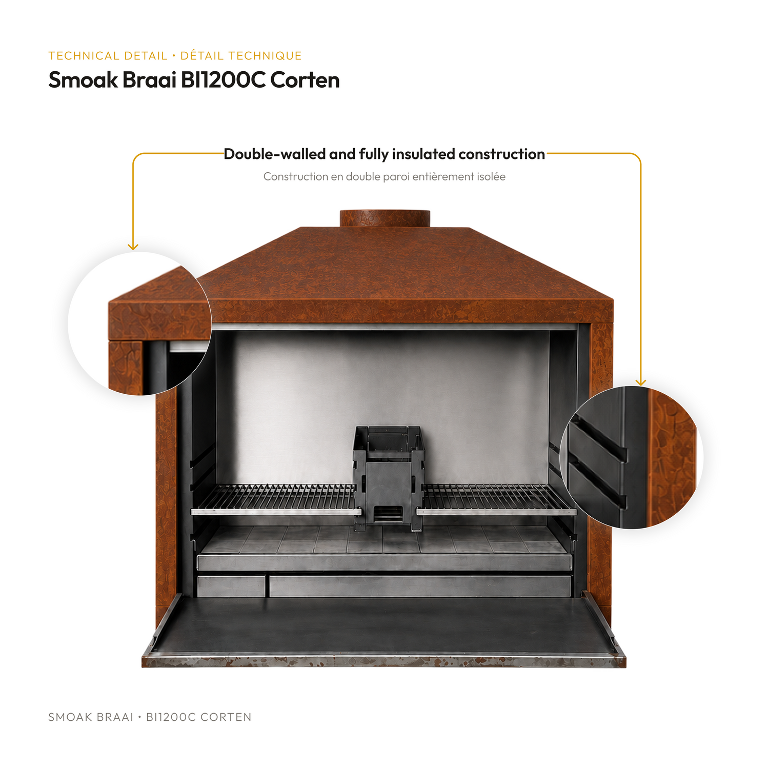 Smoak Braai BI1200C encastrable en acier Corten - detail technique