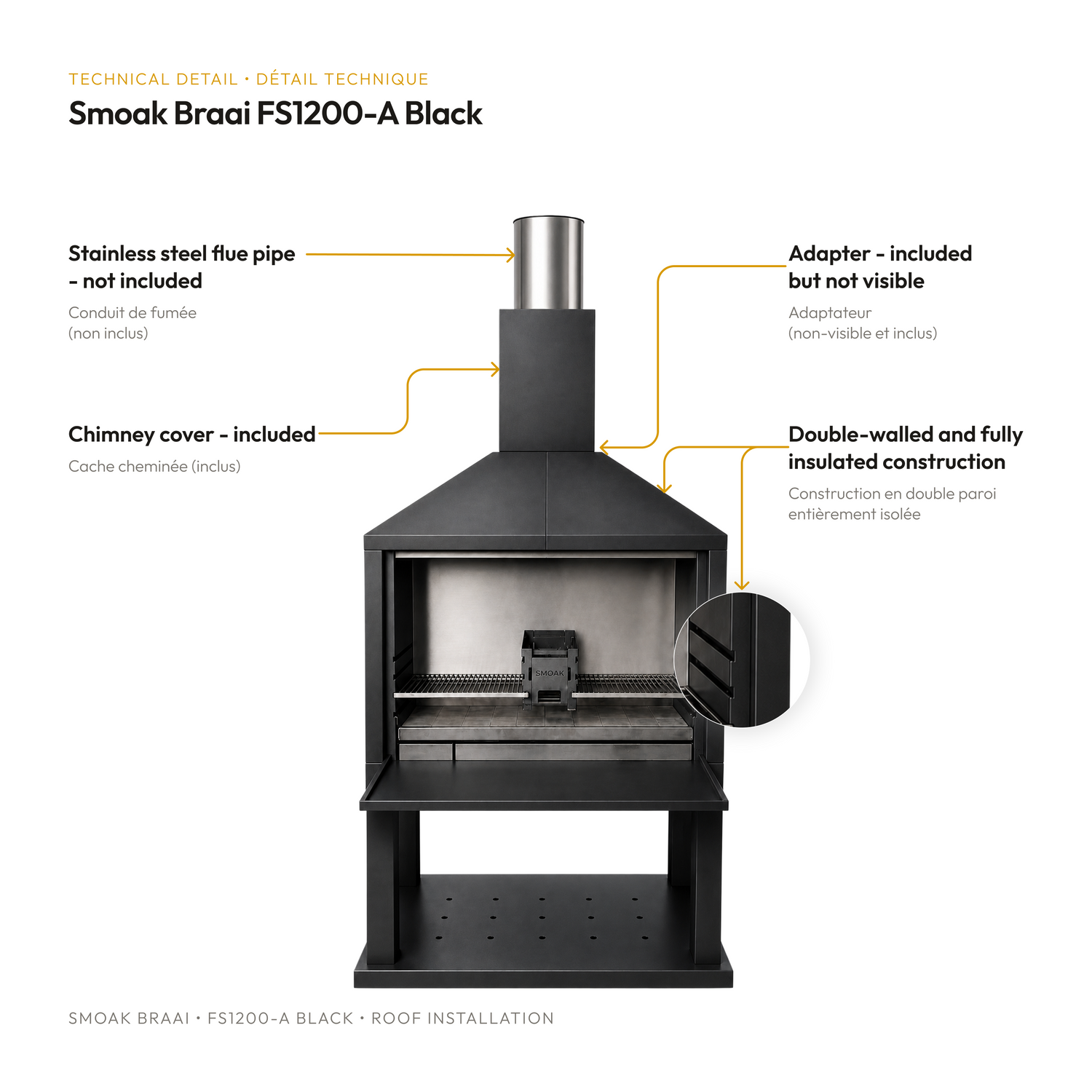 Smoak Braai FS1200 noir avec adaptateur de toit - detail technique