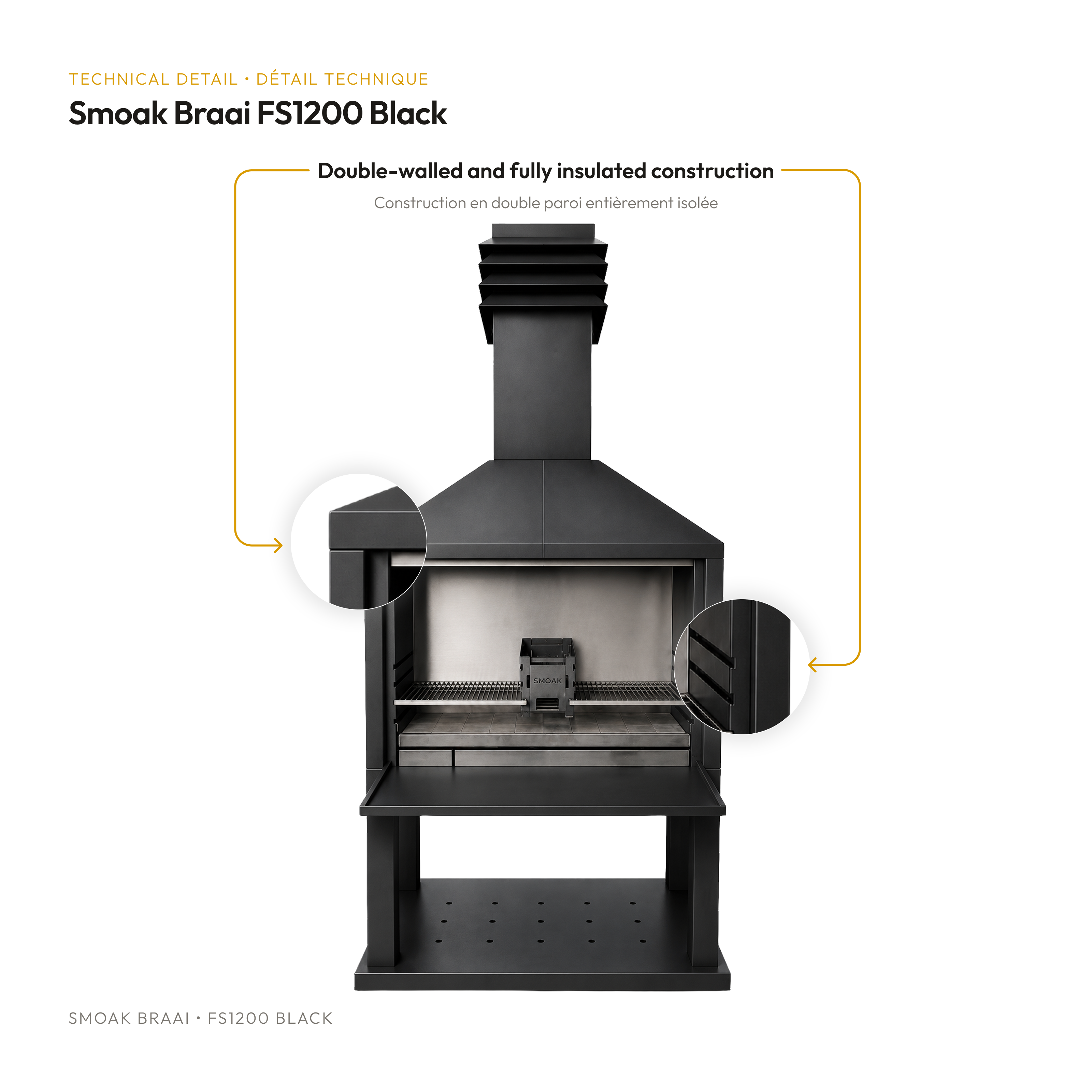 Smoak Braai FS1200 en acier thermolaque noir - detail technique (double paroi isolee)