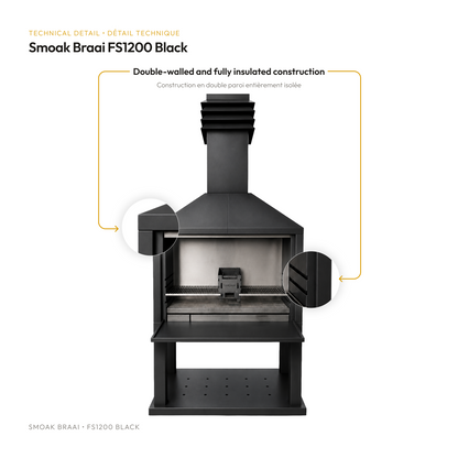 Smoak Braai FS1200 en acier thermolaque noir - detail technique (double paroi isolee)