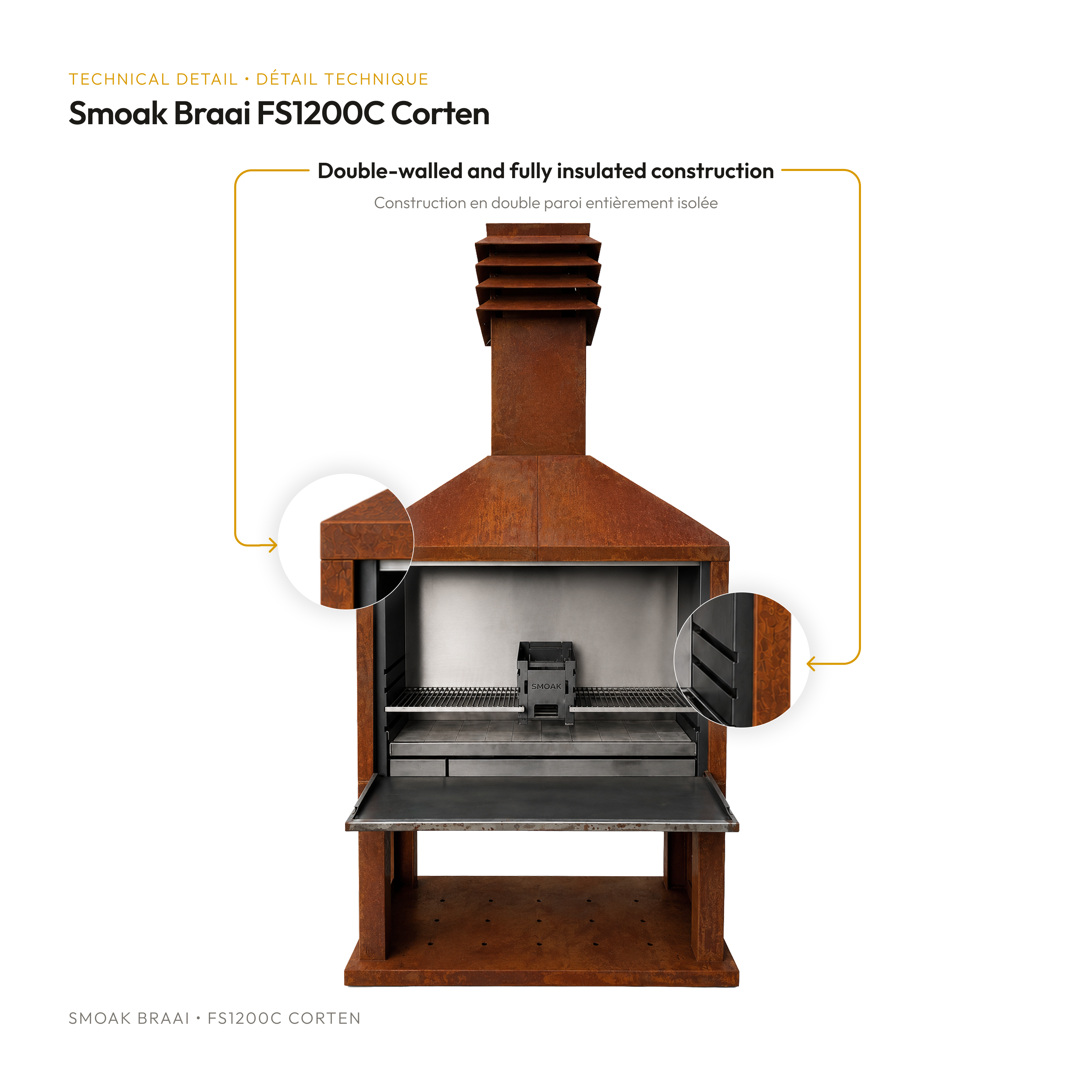 Smoak Braai FS1200C en acier Corten - detail technique (double paroi isolee)